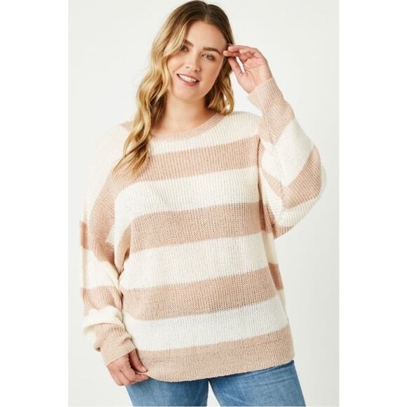 Hayden Plus Sweater Mauve Striped Loose Knit Round Cut Neck Comfy NWT 2XL - Picture 1 of 8